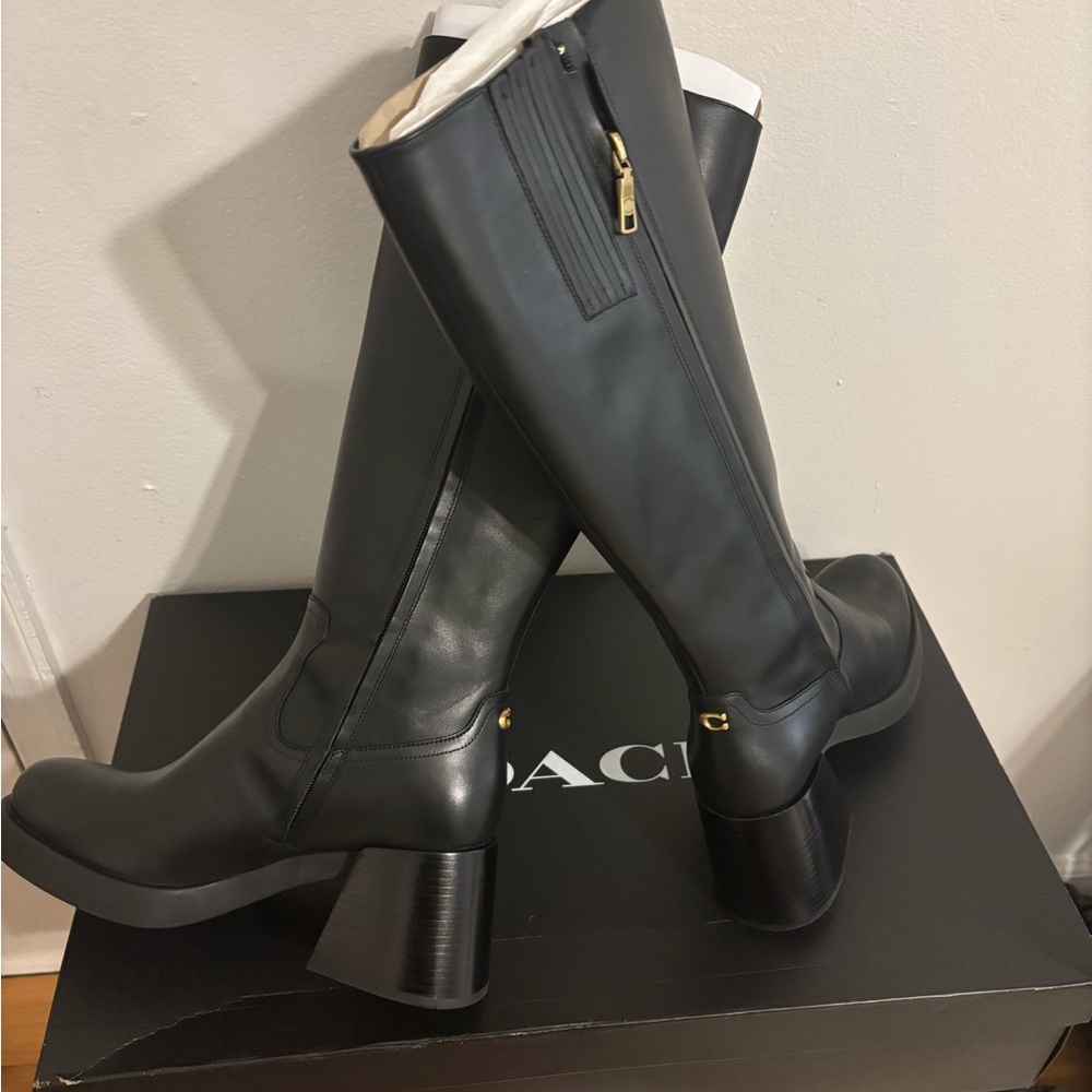 COACH Black Heeled Boots with Chunky Block Heel - Picture 4 of 8